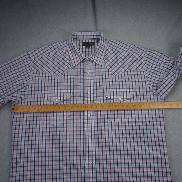 PANHANDLE SLIM Shirt Mens 17/35 Blue Pink Plaid‎ Pearl Snap Long Sleeve Western - Picture 10 of 16